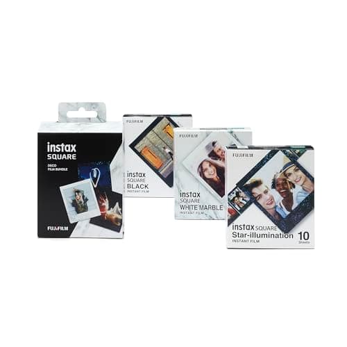 Image of Instax SQUARE Instant Film 3 Pack Bundle, 1 X 10 Shot Black, 1 X 10 Shot White Marble, 1 X 10 Shot Star Illumination Border