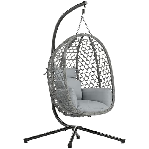 Image of Outsunny Hanging Egg Chair, Indoor Outdoor Rattan Hammock Swing Chair with Stand, Safety Strap, Foldable Basket, Thick Cushion, Headrest, Metal Frame for Garden Balcony Patio Lounge Porch, Dark Grey