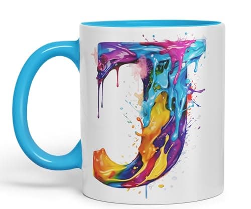 Image of Vixar Letter J Mug, Alphabet Letter J Monogram Watercolour Ceramic Coloured Mug Cup for Tea Coffee Hot Brew 330ml 11Oz Gift (L Blue)