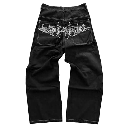 Image of Mens Jeans for Men,Loose Fit Baggy Wide-Leg Denim Embroidered Pants Classic Straight Leg Trousers Skater Durables Jogger Bottom with Pockets Black S