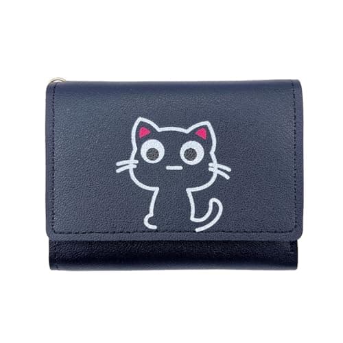 Image of NISCAYA Cartoon Cat Trifold Wallet Cat Pattern Credit Card Holder Cash Pockets ID Window with Paw Pendant Leather Blocking Small Trifold Wallet with ID Window for Girls and Ladies Womens Wallet