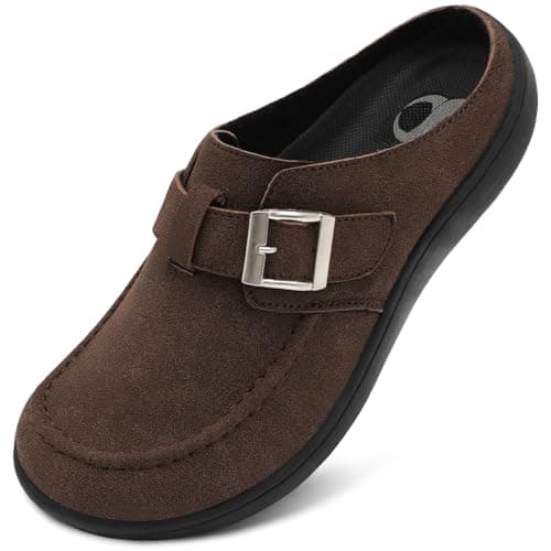 Image of Women's Suede Clogs Cork Footbed Slides Adjustable Sandals Zero Drop Comfort Flat Slippers Wide Fit Shoes Coffee 7 UK