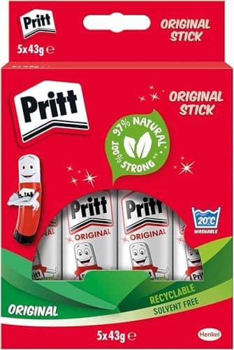 Image of Pritt Glue Stick, Safe & Child-Friendly Craft Glue for Arts & Crafts Activities, Strong-Hold Adhesive for School & Office Supplies, 43g (Pack of 5)