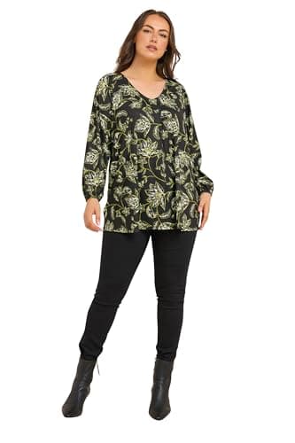 Image of EVANS Curve Paisley Print Pleat Front Top - Women's - Plus Size Curve Black