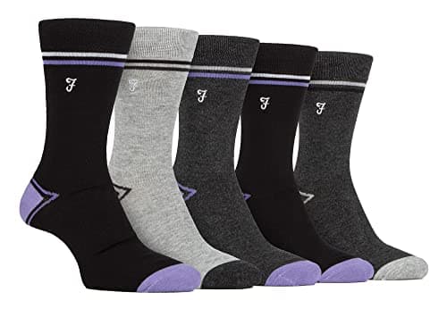 Image of Farah - Mens 5 Pack Natural Organic Bamboo Bright Striped Patterned Socks (6-11, Black/Purple)