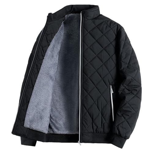 Image of Tiwate Men's Thermal Diamond Bomber Jackets Full Zip Fleece-Lined Insulated Quilted Jacket Winter Warm Padded Cotton Coat (Black,L)