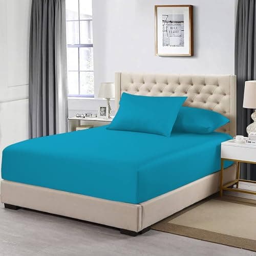 Image of MistyMorning Extra Deep Fitted Sheet 16''/40cm, Egyptian Cotton bed sheets with 200 Thread Count, Soft & Premium quality Bedding & Linen (Teal, Double)