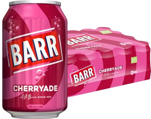 Image of BARR 24 Pack Cherryade, Zero No Sugar Cherry Flavoured Fizzy Drink Cans, Sparkling Fizzy Pop, 24 x 330ml Cans