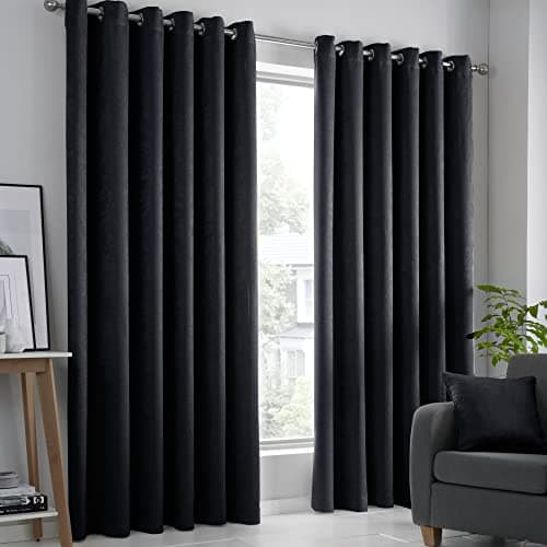 Image of Fusion Strata Black Eyelet Curtains – W46 x L72 (117 x 183cm) – 2 Panels – Thermal Insulated Drapes – Black Window Treatment for Bedroom & Living Room – Soft Cotton – Modern Door Style