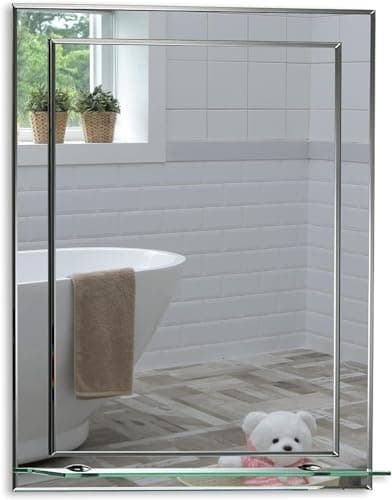 Image of Neue Design Mood® Premium Rectangular Bathroom Mirror with Shelf, Wall Mounted Bevelled Frameless Mirrors, Double Layer of Glass, Toilet Bedroom Hallway, (70cm x 50cm)