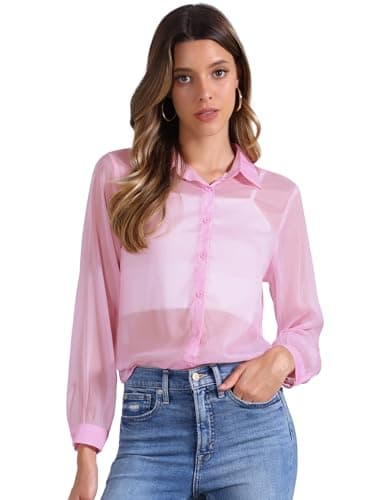 Image of Allegra K Sheer Button Up Blouse for Women's See Through Mesh Long Sleeve Shirt Tops Light Pink M