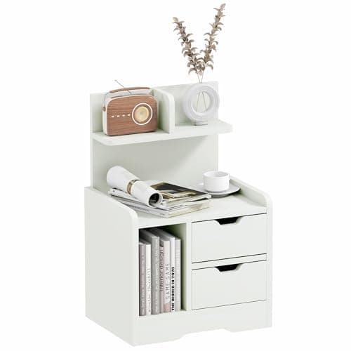 Image of HOMCOM Bedside Table, Small Bedside Cabinet with 2 Drawers and Storage Shelves, Modern Nightstand for Bedroom, White