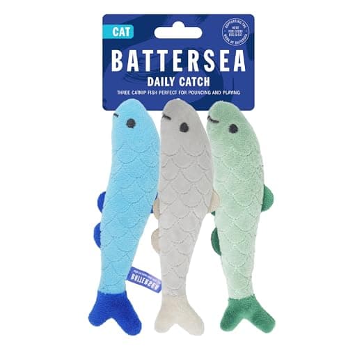 Image of Rosewood Battersea Pack of 3 Cat Toys – Three Soft Plush Daily Catch Fish Toys for Cats and Kittens, Catnip-Infused, Interactive and Engaging Play for All Breeds, UK Charity Partnership