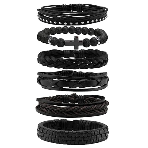 Image of MILAKOO 6Pcs Black Punk Leather Braided Bracelets for Women Men Lava Stone Beads Stretch Wristaband