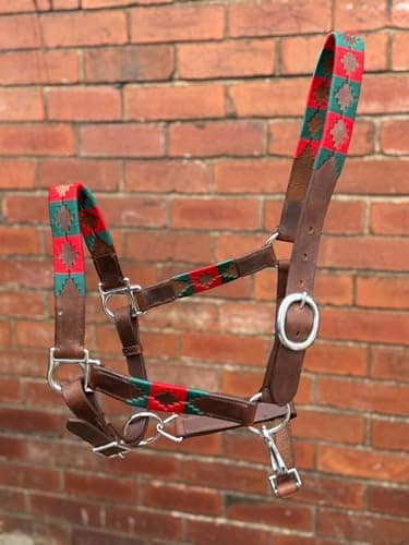 Image of Leather Polo Headcollar, Handmade Embroidered Pattern, Brown with Adjustable Straps, Oil Pull-up Leather (Red/Green, Cob)