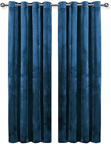 Image of Oxford Homeware Navy Blackout Curtains for Bedroom – 46 x 54 Inch Drop Crushed Velvet Curtains Ring Top - Thermal Insulated Curtains for Living Room with 2 Tie Backs (116cm x 137cm)