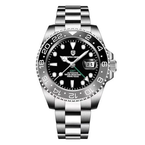 Image of Pagani Design GMT Automatic Mechanical Men's Watch Rotating Ceramic Bezel Stainless Steel Watch with Date Function Men's Sport (3 Black and Gray)