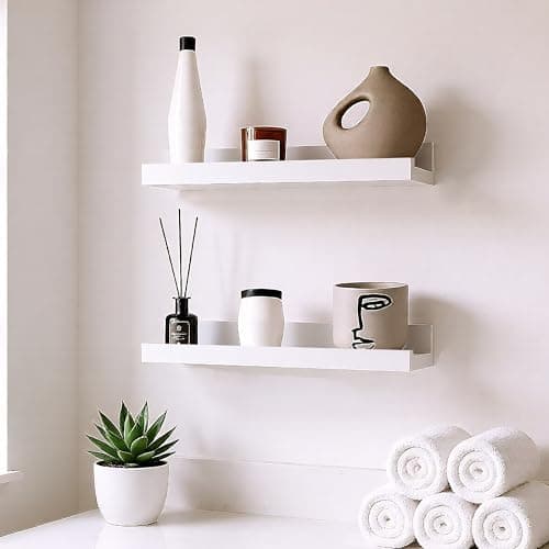 Image of GEEZY White Floating Shelves for Wall, Set of 2 - Modern Seamless Mounting, Easy Install Picture Ledge Display Shelf for Decor, Collectibles - Home, Bedroom, Bathroom, Office, 30x10x5cm