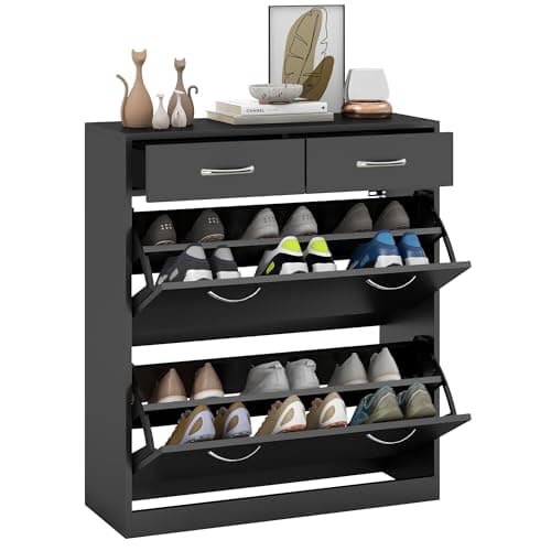 Image of HOMCOM Narrow Shoe Cabinet, Slim Shoe Storage Cabinet with 2 Flip Drawers, 2 Slide Out Drawers and Adjustable Shelves for 12 Pairs of Shoes for Entryway Hallway, Black