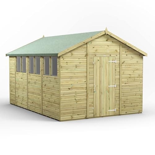 Image of Powersheds High Grade Premium Pressure Treated Apex Shed Garden Wooden Shed with Heavy Duty Frame, Door & Window Flexibility made from Extra Thick Timber & Toughened Glass (14x10)