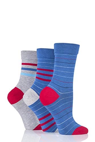 Image of SockShop Ladies Gentle Bamboo Socks with Smooth Toe Seams In Plains and Stripes Pack of 3 Alpine Red 4-8
