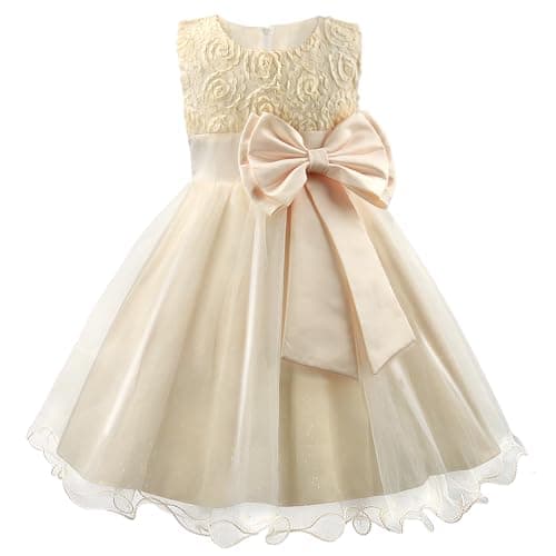 Image of Discoball Girl Dress Princess Party Clothing Holiday Girls Dresses, 3D Rose Flower, Bow Sequins Tulle Dress Up for Kids Champagne Gold