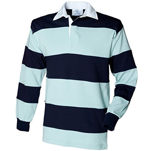 Image of Front Row Sewn Stripe Long Sleeve Rugby Shirt Colour:Duck Egg/Navy Size:L