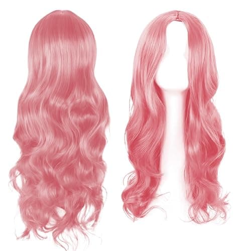 Image of Long Pink Wig, Pink Wigs For Women, Party Wigs Womens Wig 28 Inch/70 cm Long WigS for Charming Women LoNg Curly Full Hair Synthetic LonG WiG for Girls Cosplay Party Daily Use