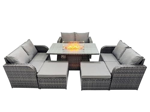 Image of FMSGarden 8 Seater Rattan Outdoor Garden Furniture Sofa Set Gas Fire Pit Dining Table Gas Heater with Love Sofa 2 Big Footstool Dark Grey Mixed