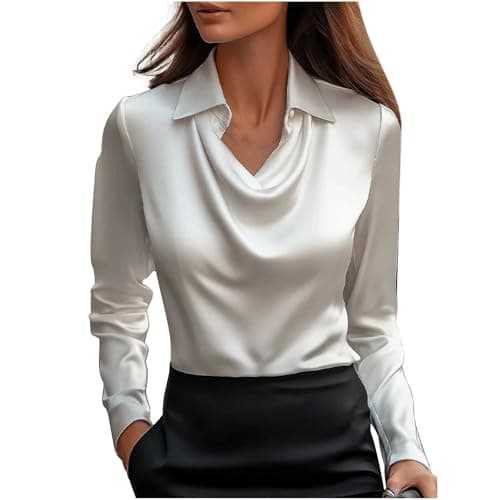 Image of Women Satin Blouse Button Down Long Sleeve Satin Shirts Collar Blouses Casual Office Work Going Out Tops Ladies Loose Long Sleeve Work Tunic Party Tops White