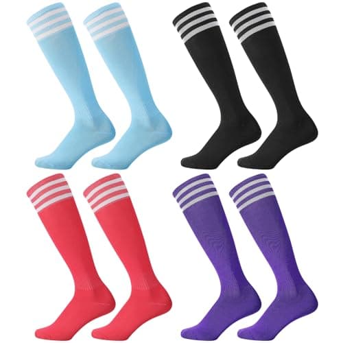 Image of Zuimei 4 Pairs Football Socks Kids Sports Socks for Kids Boys Girls Children Youth Junior Running,Training,Rugby,Hockey Soccer (Aged 5-13) black, rose red, bule,purple