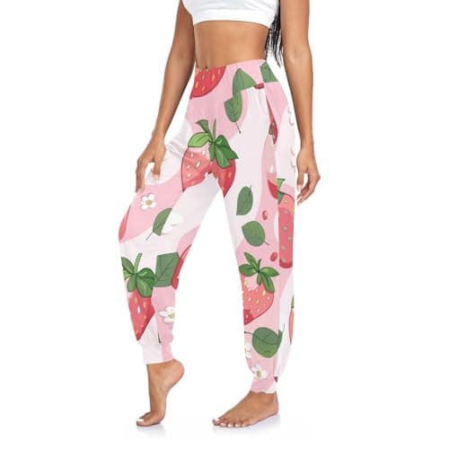 Image of Amooorous Blush Strawberry Milk Pattern Yoga Pants for Women Soft Cozy Joggers with Pockets for Yoga Gym Travel S-XXL