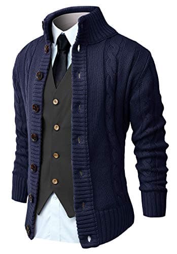 Image of NITAGUT Men's Cardigans Long Sleeve Stand Collar Sweaters Button Down Cable Knitted Sweater(Navy Blue,XL)