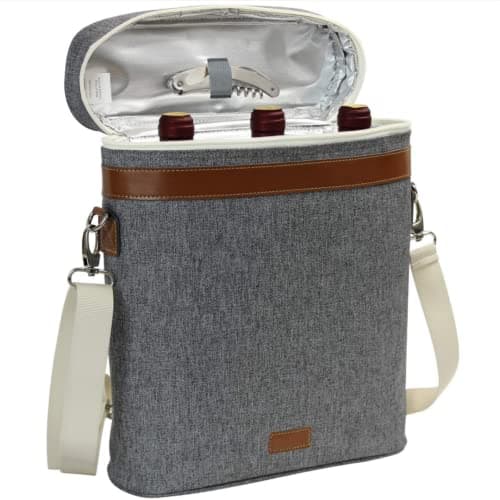 Image of 3 Bottle Insulated Wine Cooler Bag, Portable Carrier with Shoulder Strap for Beach and Picnic, Unique Gift for Wine Lovers, Grey