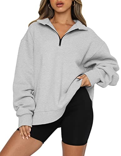 Image of CHICZONE Womens 1/4 Half Zip Tops Fashion Pullover Sweatshirt Oversized Long Sleeve Zip Up with Pockets Grey