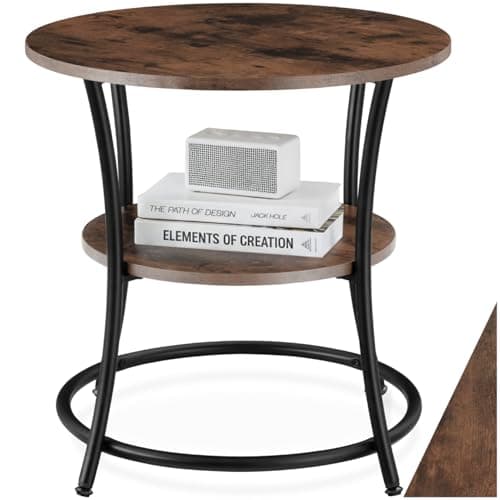 Image of tectake® 2-Tier Round Coffee Table with Wood-Look Tabletop & Lower Shelf, Small Side Table with Curved Industrial-Style Steel Frame for Living Room, Bedroom, Hallway, Ø 55 x 56 cm - Dark Wood