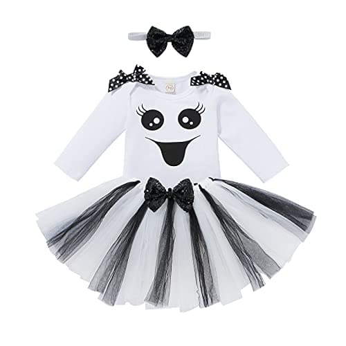 Image of Baby Girls First Outfit Pumpkin Ghost Long Sleeve Romper+Tulle Tutu Skrit+Headband 3Pcs Clothes Set Birthday Cake Smash Photo Shoot White Ghost 9-12 Months