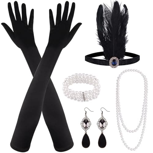 Image of MIAHART 8 Pieces 1920s Flapper Great Gatsby Accessories Set Fashion Roaring 20's Theme Set with Headband Headpiece Long Black Gloves Necklace Earrings for Women (Blue)