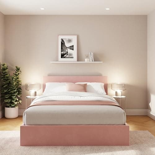 Image of 150cm King Size Ottoman Storage Bed Frame End Lift Gas Lift Bed in Velvet Blush Pink Upholstered Bed Base with Hidden Underbed Storage