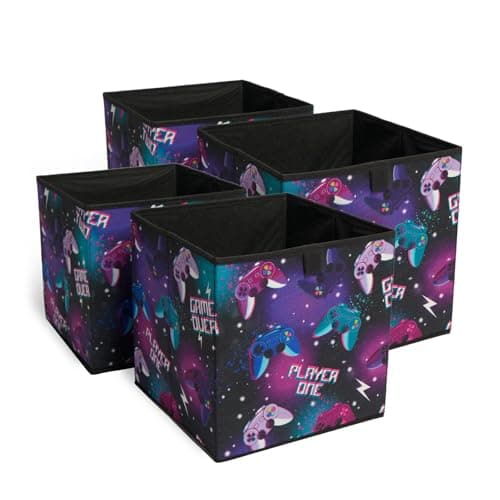 Image of OHS Set of 4 Fabric Storage Boxes Home Organiser Toys Clothing Bathroom Pop Up Collapsible Foldable Gaming Print Cube Storage Space Saving Kids Storage Baskets, Black
