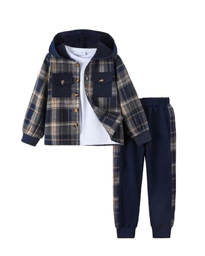 Image of Yhnslsf Boys Clothing Autumn Winter Outfits Toddler Kids Button Plaid Hoodie Pockets Sweatpants T-Shirt Clothing Set Size 3-7T, navy, 3-4 Jahre