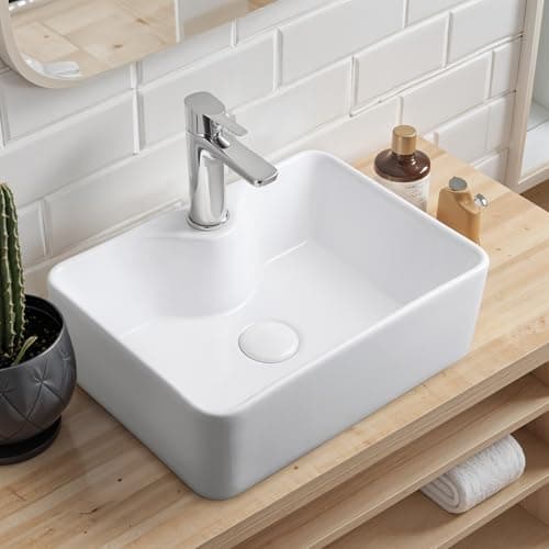 Image of Warmiehomy Countertop Bathroom Vessel Ceramic Sink,Rectangle Ceramic Basin with Tap Hole Waste Drainer for Bathroom Cloakroom Vanity Lavatory (White,40x30x13cm)