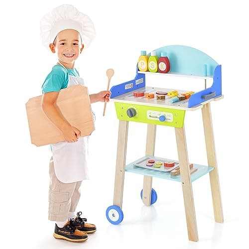 Image of COSTWAY Kids BBQ Grill Playset, Wooden Pretend Cooking Cart with 21 Play Foods & Barbecue Accessories, Role Play Chef Toy Set Gift for Girls & Boys