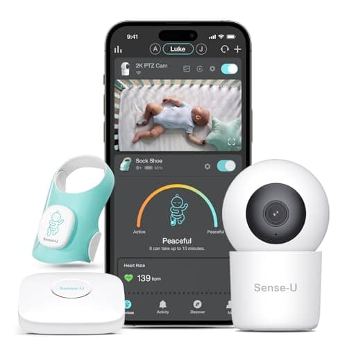 Image of Sense-U Baby Sock Shoe Bundle Smart Baby Monitor: Sock Shoe Plus 2K PTZ Camera - Track Heart Rate, Sleep Movement, Heartbeat, Pan-Tilt-Zoom Video, AI Cry Detection, Audio