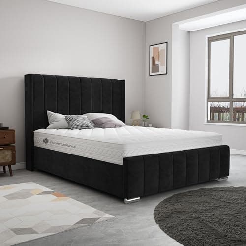 Image of PioneerfurnitureUK Wing Panel Ottoman Storage Bed Gas Lift, Black Plush Velvet Upholstered Bed Frame - 4ft6 double bed ottoman frame