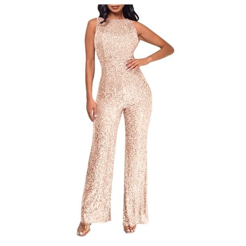 Image of NUSGEAR Jumpsuits for Women Summer Wedding Sequin Elegant Party Playsuits Sexy Glitter High Waist Evening Trousers Diamond Halter Sexy One Piece Overalls Rose Gold