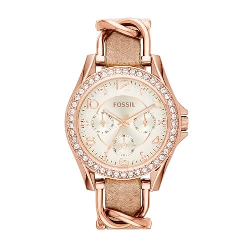 Image of FOSSIL Riley Womens Quartz Watch with Off-White Dial and Brown Leather Strap ES3466