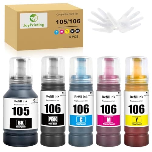 Image of JoyPrinting 105 106 Ink Compatible with Epson 105 106 Ink Bottle Multipack Replacement for EP L-7160 L-7180 ET-7700 ET-7750 (5 Pack, Black/Photo Black/Cyan/Magenta/Yellow)
