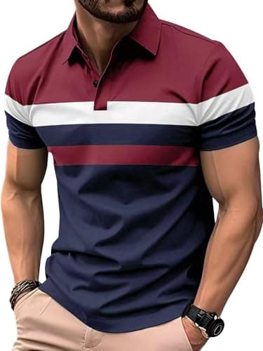 Image of Comilaka Men's Polo Shirts Short Sleeve Casual Striped Shirts Contrast Color Patchwork Summer T Shirts Blue