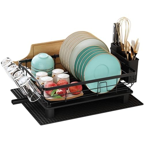 Image of MAJALiS Dish Drainer Rack with Drip Tray, Dish Drainer with 360° Swivel Spout and Drainer Mat, Stainless Steel Dish Rack with Cup Holder and Cutting Board Holder for Kitchen Sink, Black